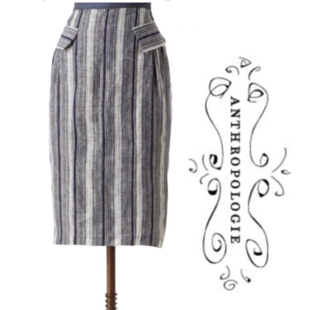 Eva Franco by Anthropologie Linen Ruse Blue Striped Pencil Skirt, Size 10
